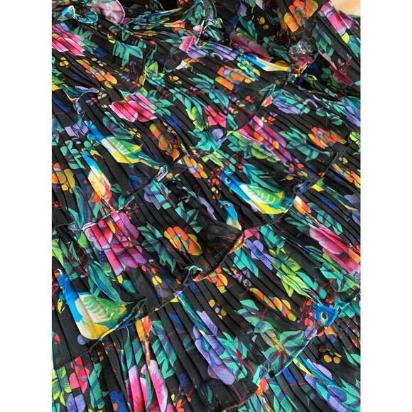 NWOT TARA JARMON Chiffon Pleated Tiered Dress in Multi Floral & Bird Print - Picture 14 of 15